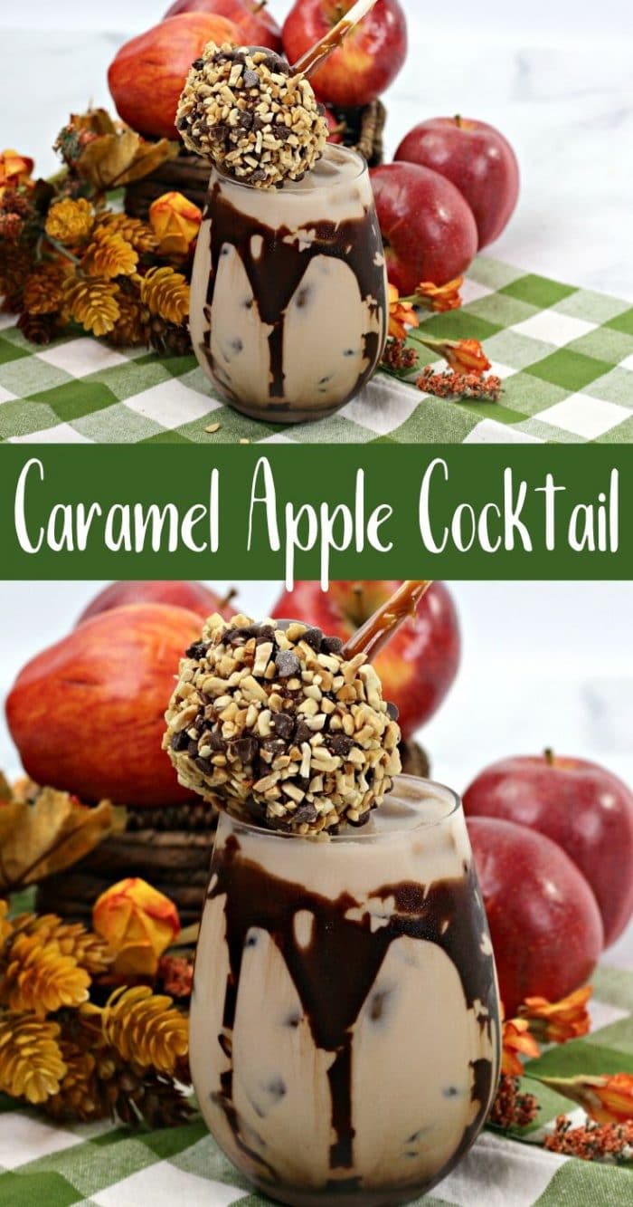 Collage image of caramel apple cocktail with chcoolate