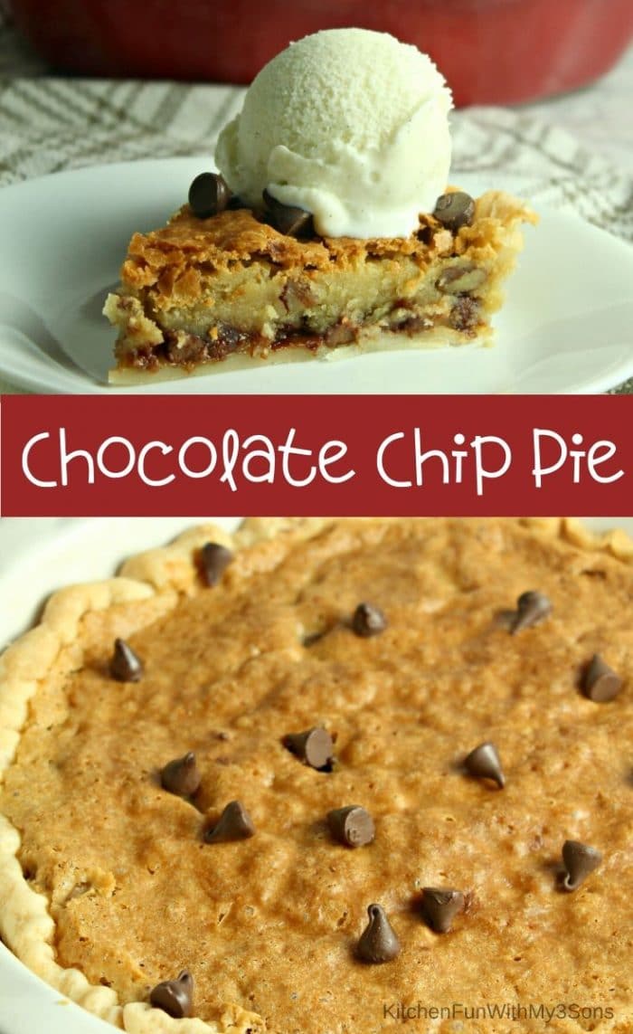 Collage image of chocolate chip pie slices and whole pie