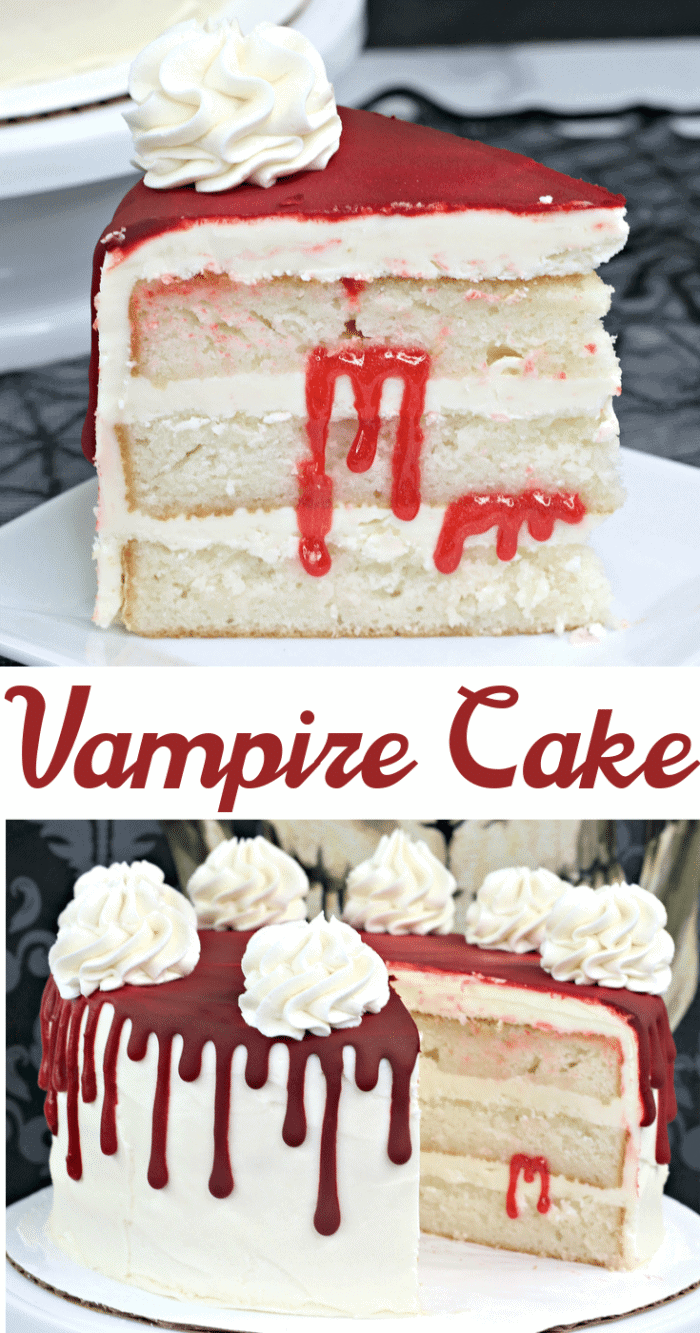 Collage image of slices of vampire blood cake on a white cake stand (1)