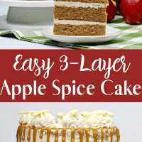 Collage of apple spice cake displayed on white cake stand