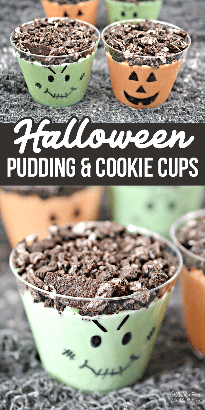 These Halloween Pudding Cups with Oreo cookies are a really fun treat to make with kids. Grab a marker and let's make a Jack-O-Lantern and Frankenstein! | Halloween Party | Halloween Food Ideas 