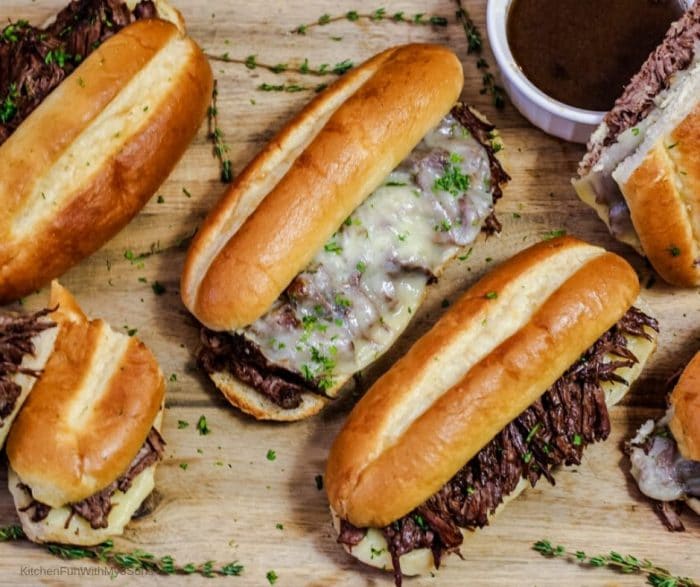 Overhead picture of a french dip sandwiches ready to be served