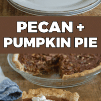 Pumpkin pecan pie slices with whipped cream.
