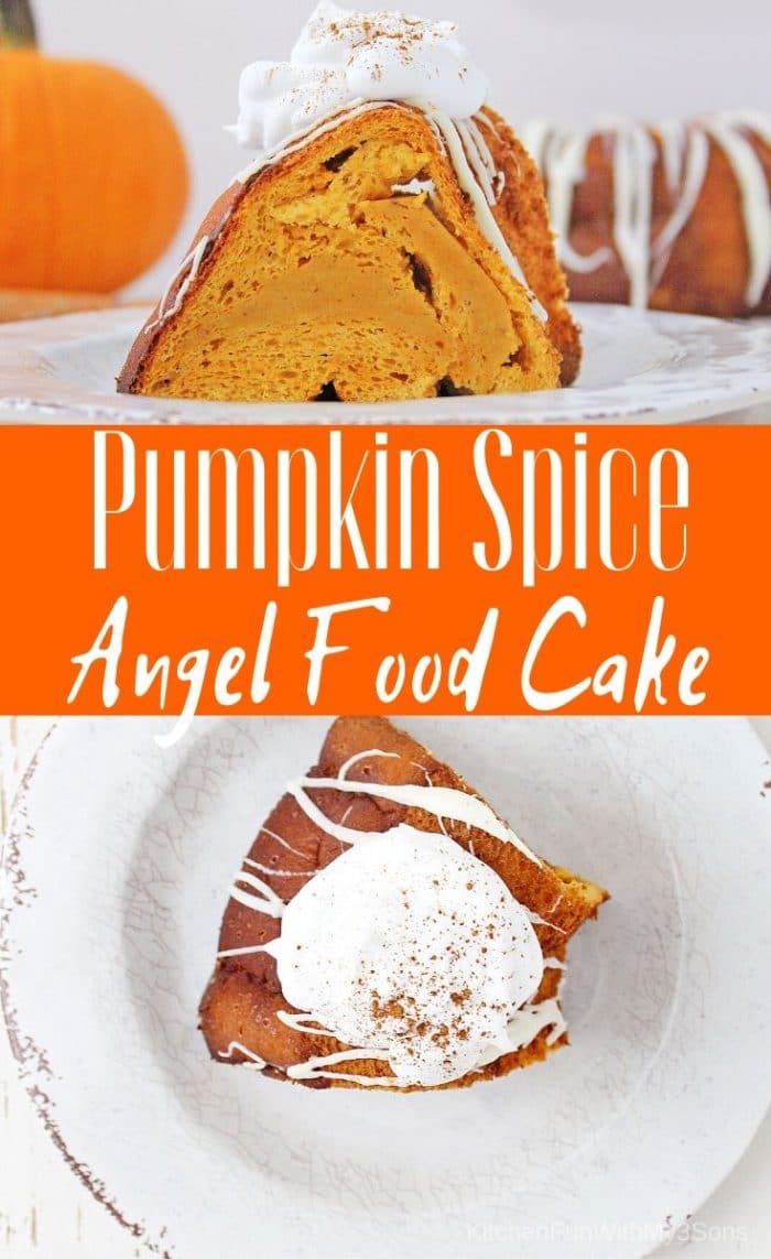 Pumpkin Spice Angel Food Cake on white plates and topped with whipped cream