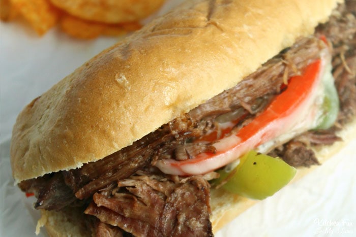 Close up of a slow cooker drip beef sandwich.