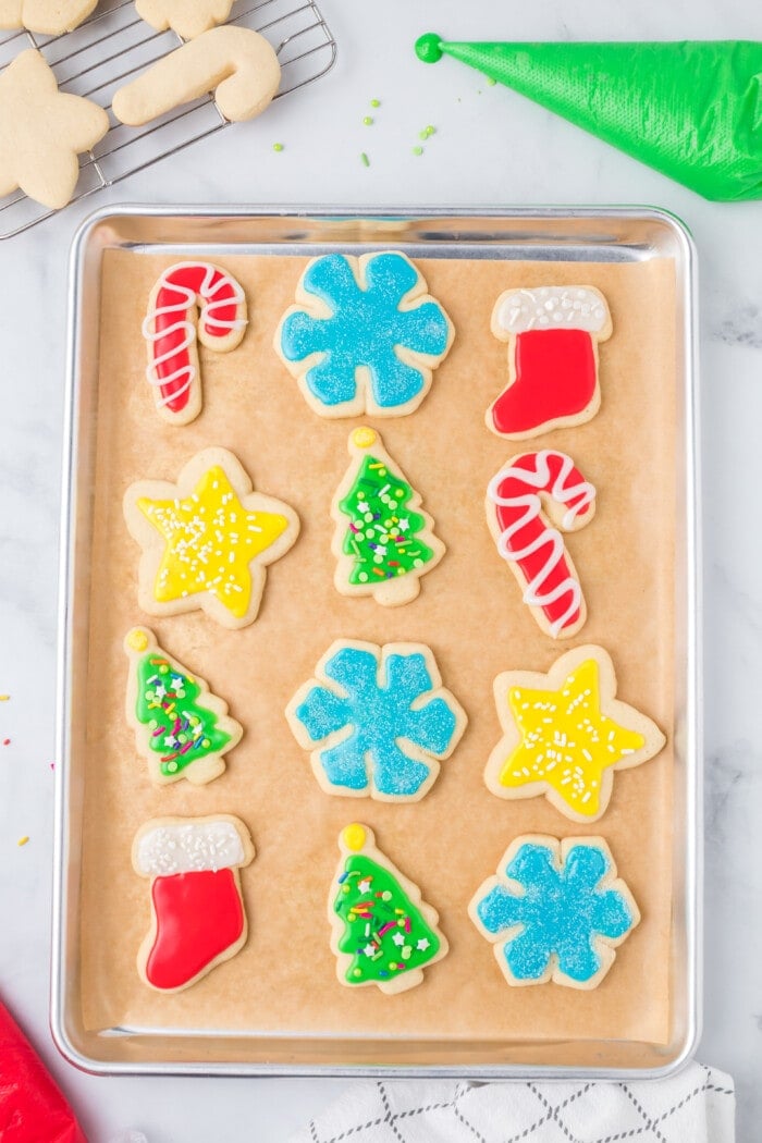 Decorated Christmas Sugar Cookies on a baking sheet