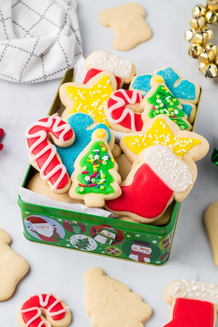 Stacked Sugar Cookies in a Christmas can