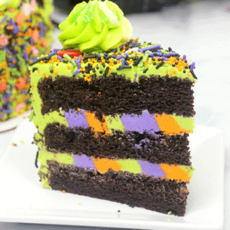 Up close picture of a slice of monster cake on a white saucer