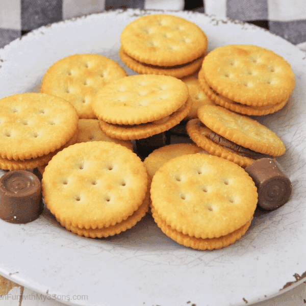 White platter filled with rolo stuffed ritz cracker candy