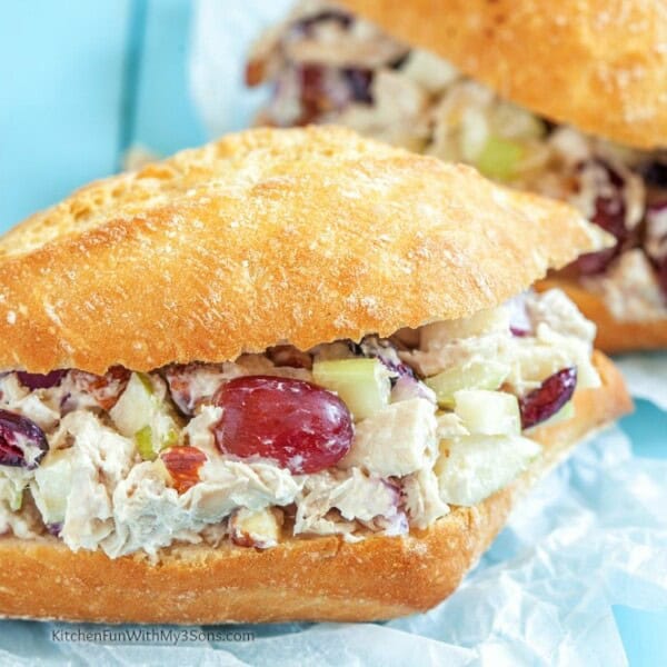 Chicken Waldorf Salad packed into a sandwich.