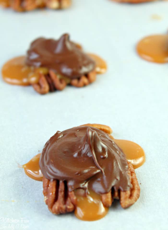 Overhead view of of pecan turtle candy