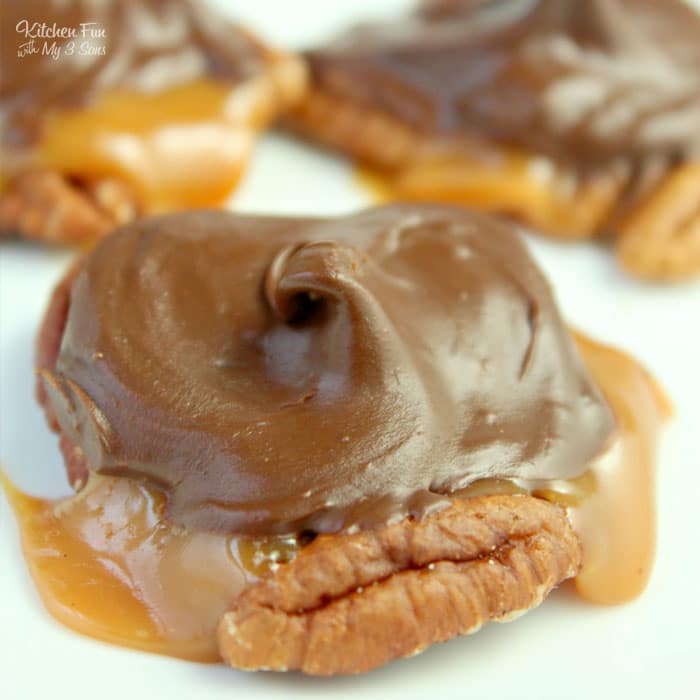 Close up of a pecan turtle candy