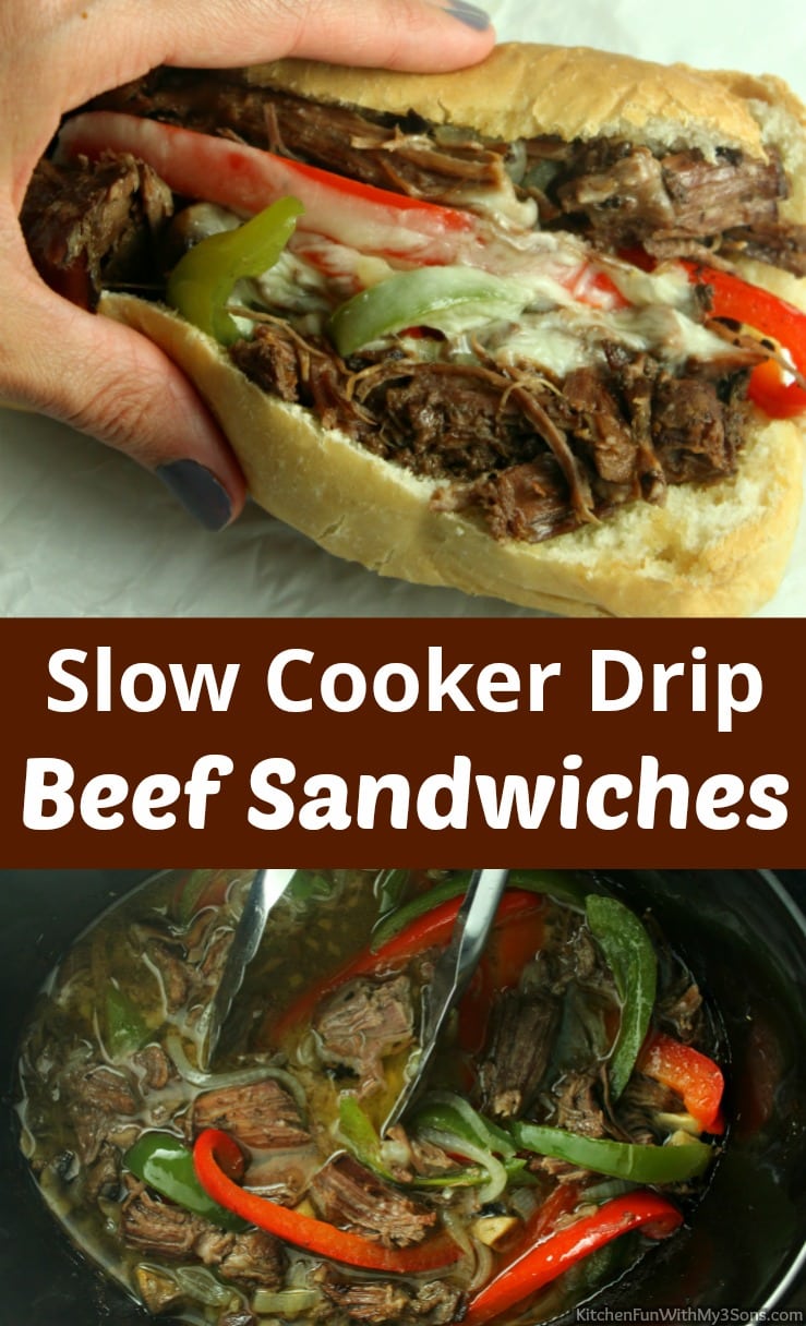 Pinterest title image for Slow Cooker Drip Beef Sandwiches