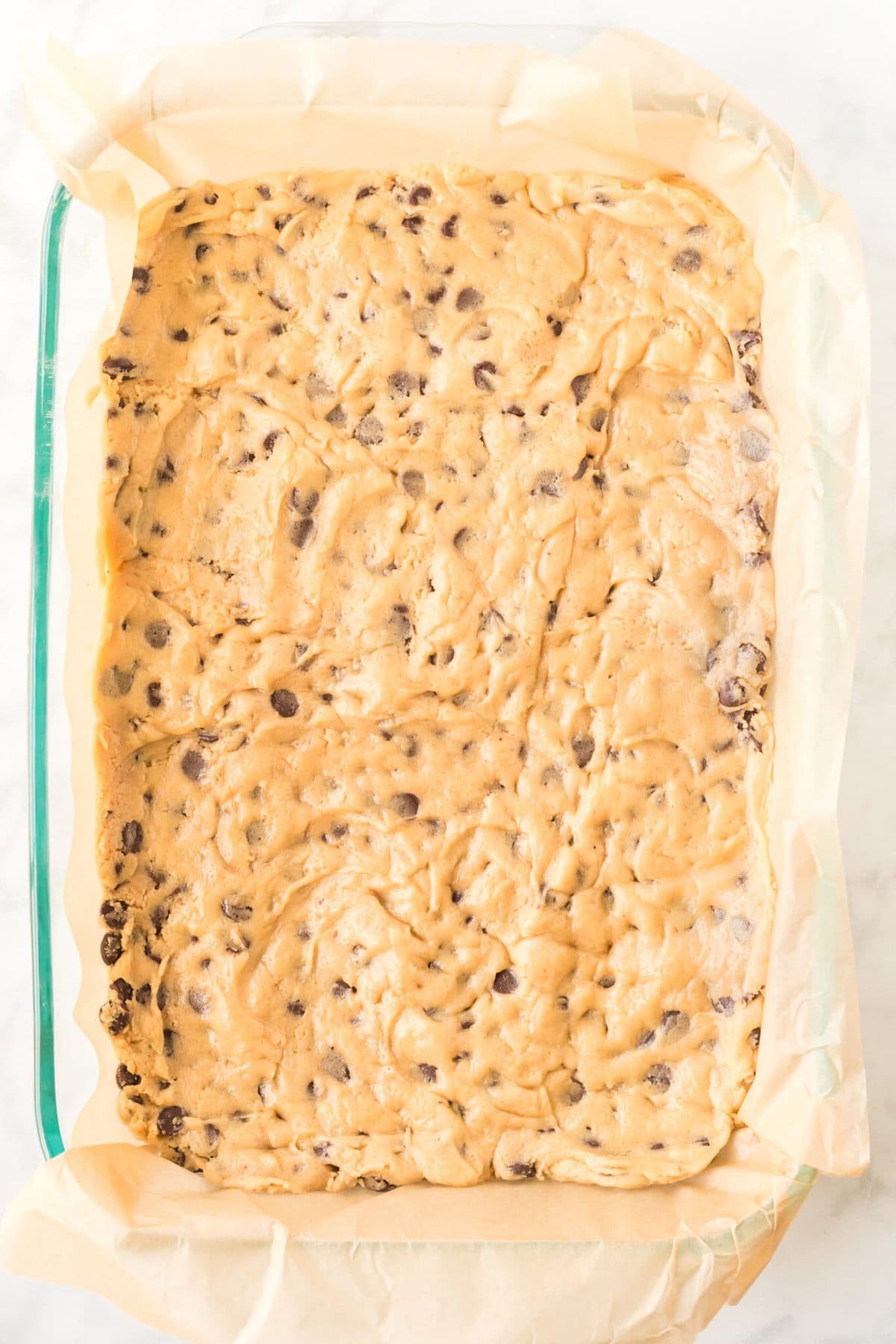 Chocolate Chip Cookie Bar Dough in Pan