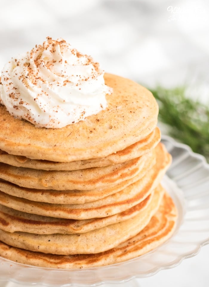 Eggnog Pancakes are made with the yummy fall flavors of cinnamon, nutmeg and yes, eggnog. This quick pancake recipe will fill your house with delicious aromas and tastes so delicious.