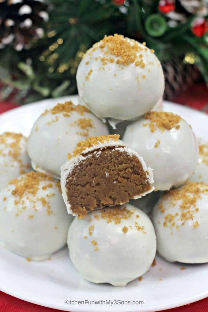 Gingerbread truffles stacked on a white plate