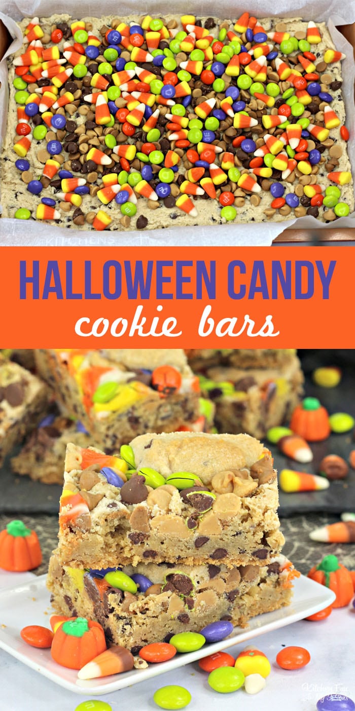 Pinterest title image for Halloween Candy Cookie Bars.