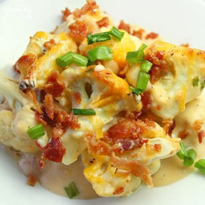 Loaded Cauliflower Bake is a cheesy veggie-centered dinner idea that I can even get my kids to eat! You can use this as your main meal or as a side dish if you have trouble getting your kiddos to eat their veggies plain.