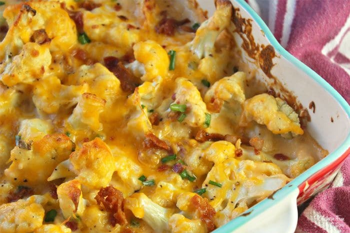 Loaded Cauliflower is a cheesy veggie-centered dinner idea that I can even get my kids to eat! You can use this as your main meal or as a side dish if you have trouble getting your kiddos to eat their veggies plain.