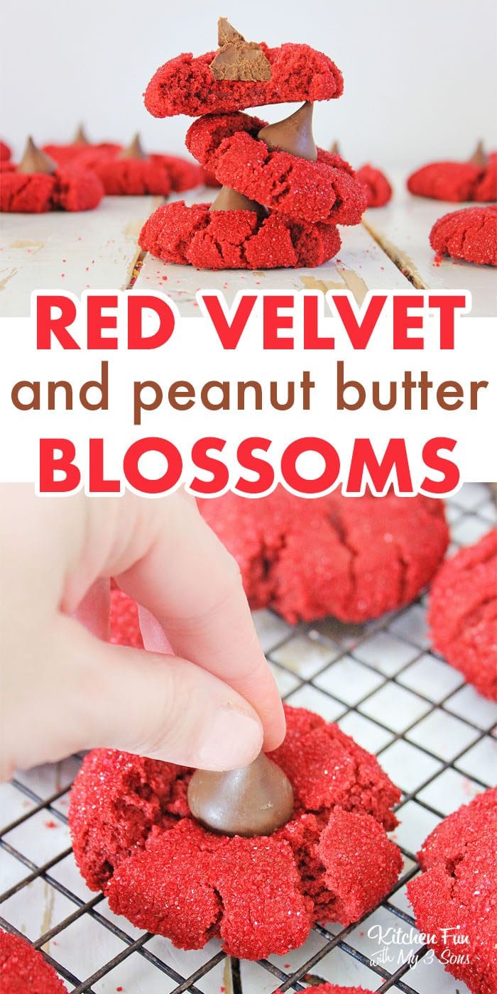 Red Velvet Peanut Butter Blossoms are the most delicious cookies! If you love red velvet cake and peanut butter, you will love this recipe. | Christmas Cookies | Red Velvet Recipes #food #yummy #recipes #cookies #redvelvet 