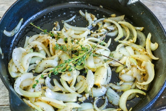Sauteed onions in a cast iron skillet