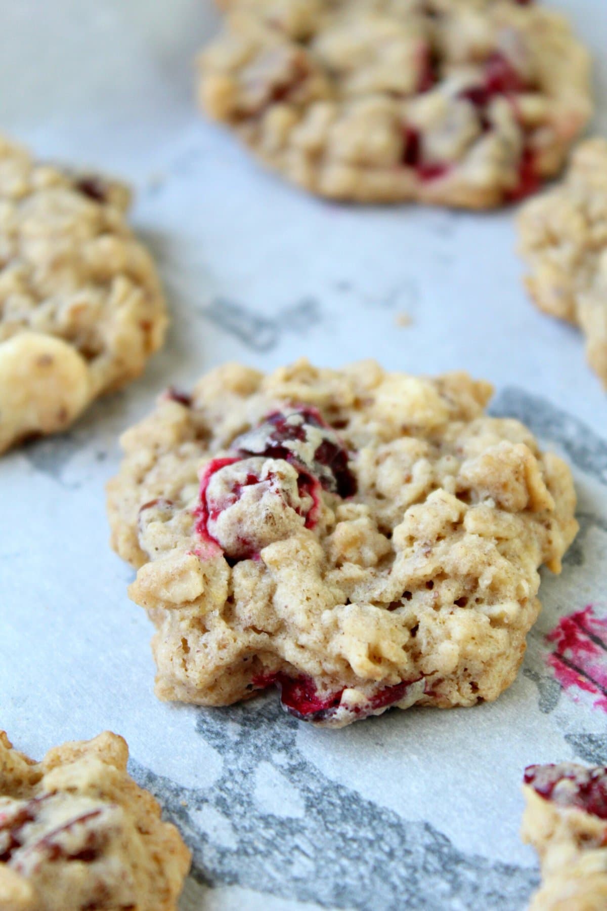White Chocolate Oatmeal Cranberry Cookies on a cookie sheet