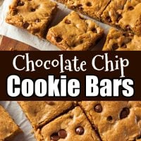 Pinterest graphic with two photos of chocolate chip cookie bars