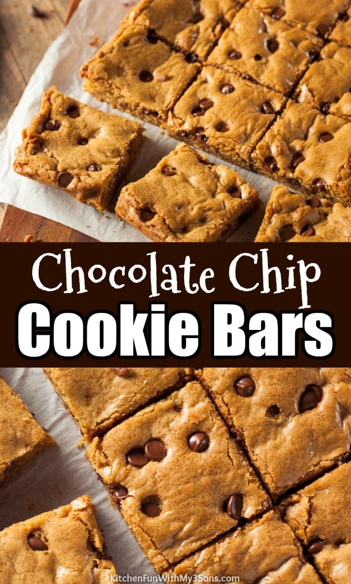Pinterest graphic with two images of chocolate chip bars