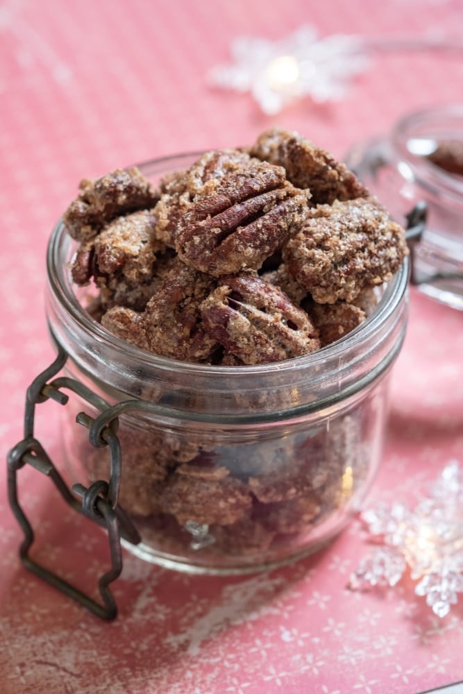 Candied Pecans in a Holiday Gift Jar