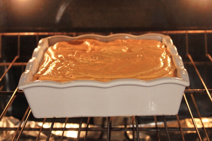 pumpkin pie bars baking in the oven