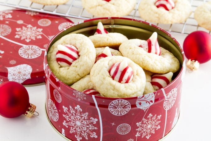 White Chocolate Peppermint Kiss Cookies in a Holiday Can for Gifts