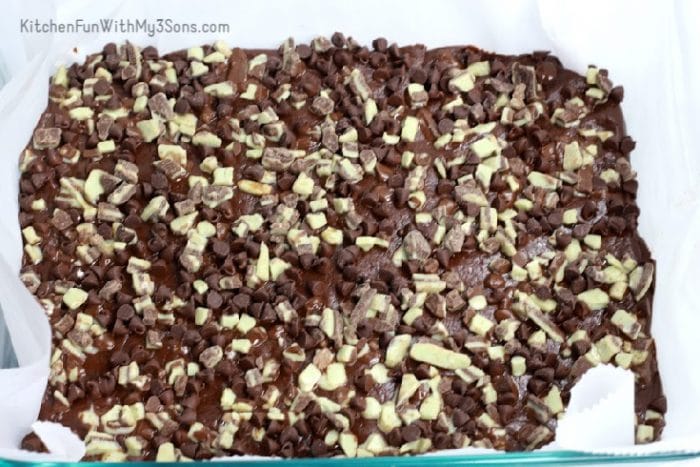 Andes mint chocolate fudge in parchemtn lined pan