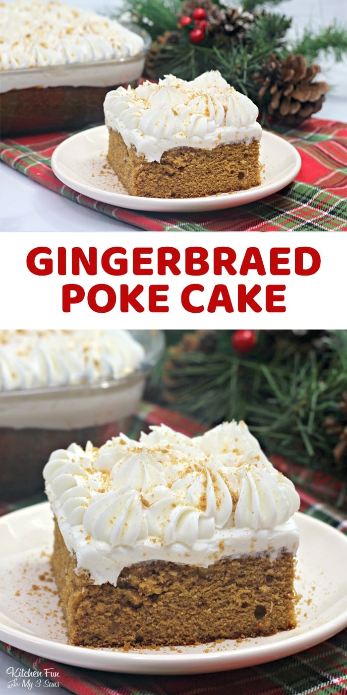 Gingerbread Poke Cake is a tasty spice cake recipe with molasses and filled with sweetened condensed milk. All topped off with whipped cream and gingerbread cookies!