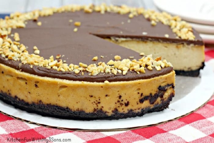 Peanut butter cheesecake with slice missing