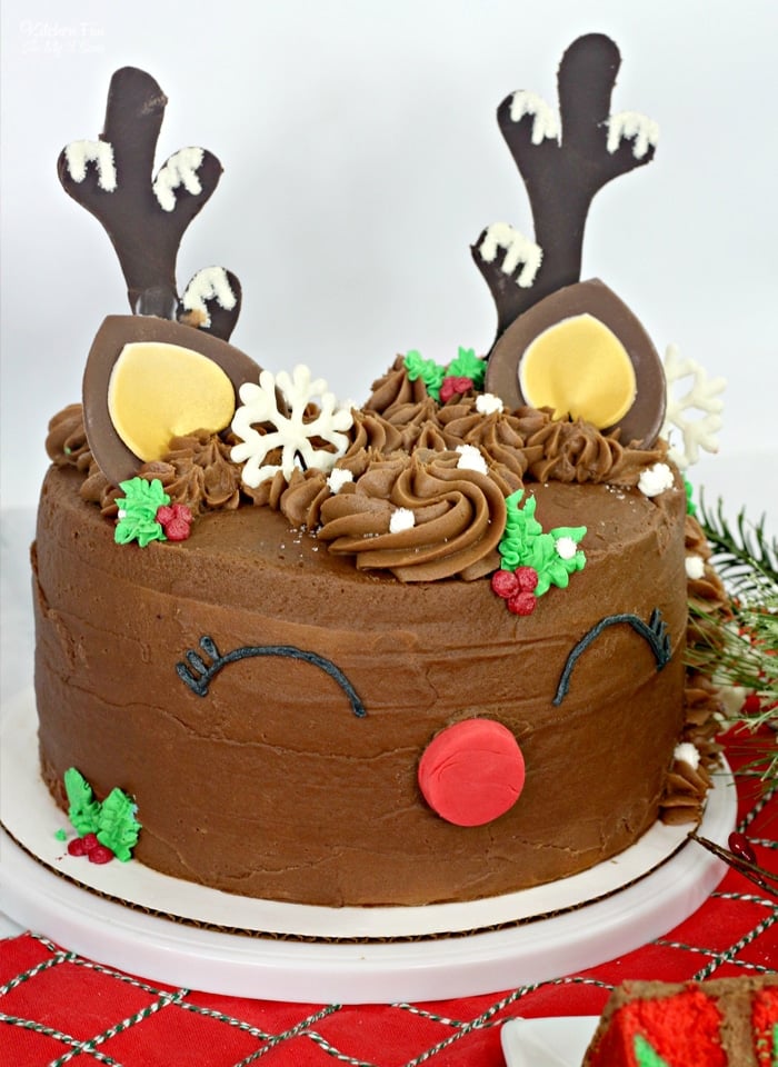 A Reindeer Cake with bright red and green layers is one of the most fun and festive Christmas cakes ever!