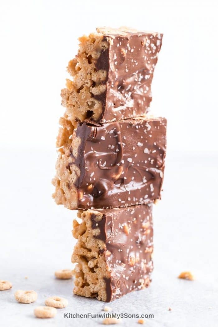 Stacked chocolate caramel cereal bars