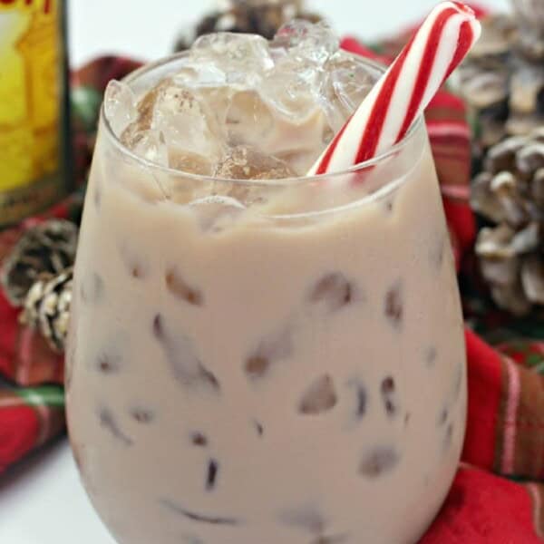 Up close image of chocolate White russian cocktail in a short glass