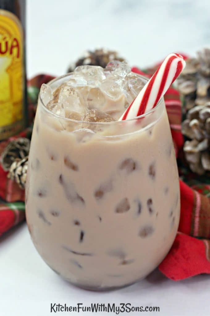 Up close image of chocolate White russian cocktail in a short glass