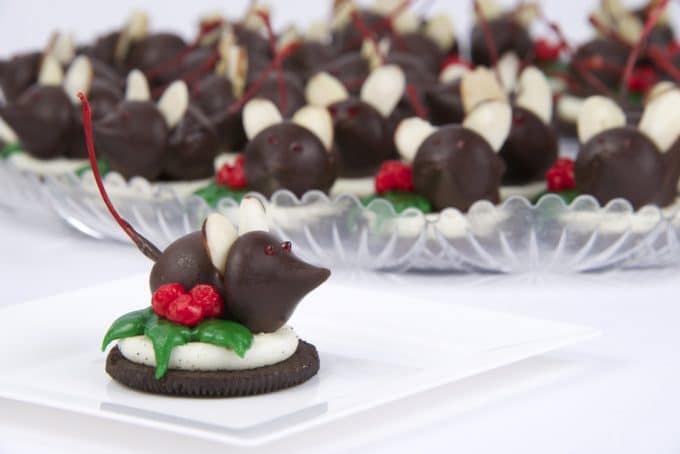 Chocolate Dipped Cherries on Oreo Cookies for Christmas