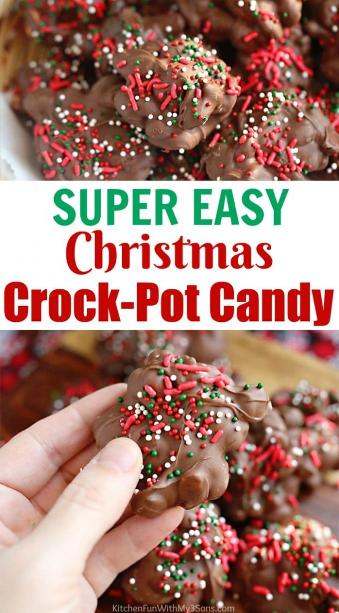 Crockpot Candy is one of the easiest holiday treats to make at Christmas. It is a combination of an assortment of chocolates with peanuts and almonds, topped with colorful sprinkles.