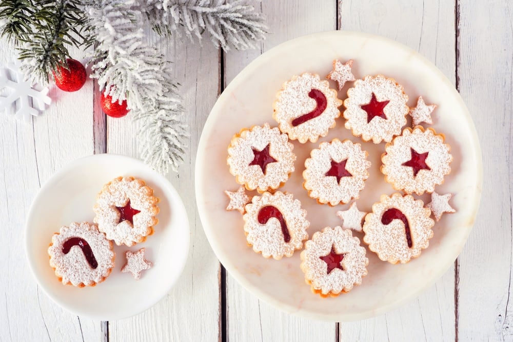 Christmas Linzer cookies on a plate