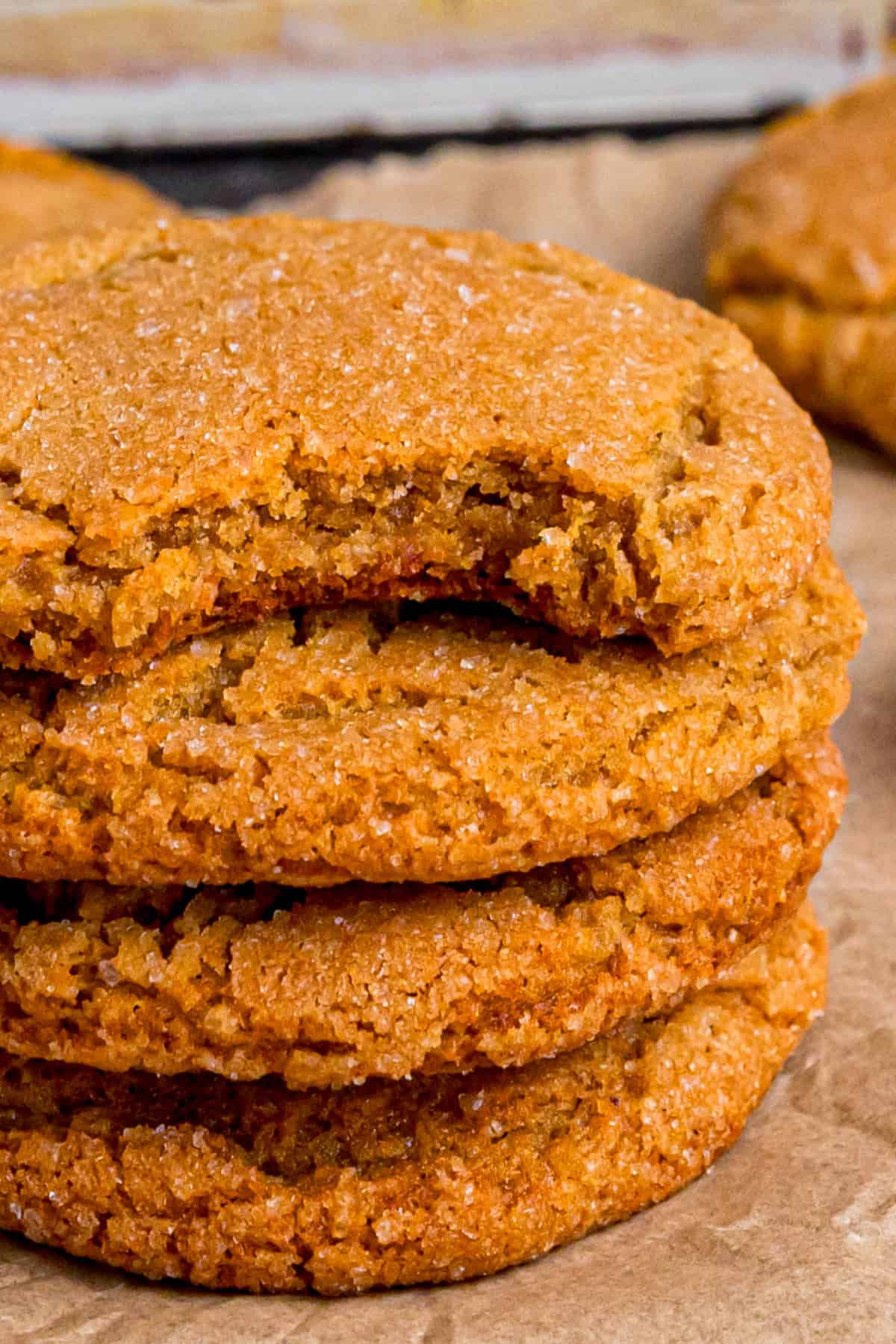 With warm spices, molasses, and a chewy texture, these Soft Gingersnap Cookies are a holiday cookie classic. Ready in less than 30 minutes! Stacked Soft Gingersnap Cookies