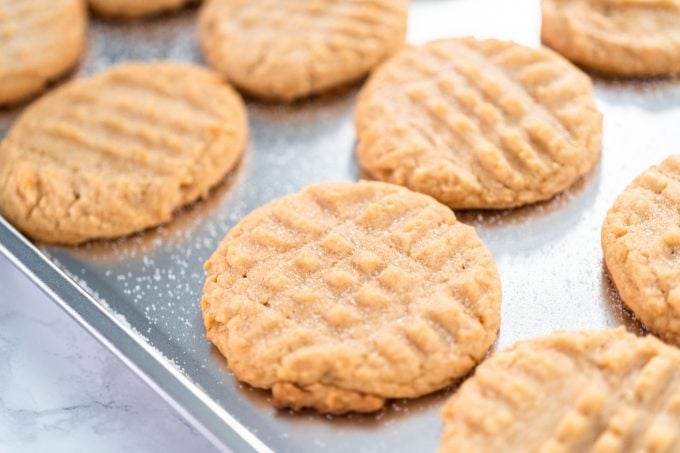 Freshly Baked Peanut Butter Cookies on a baking sheet
