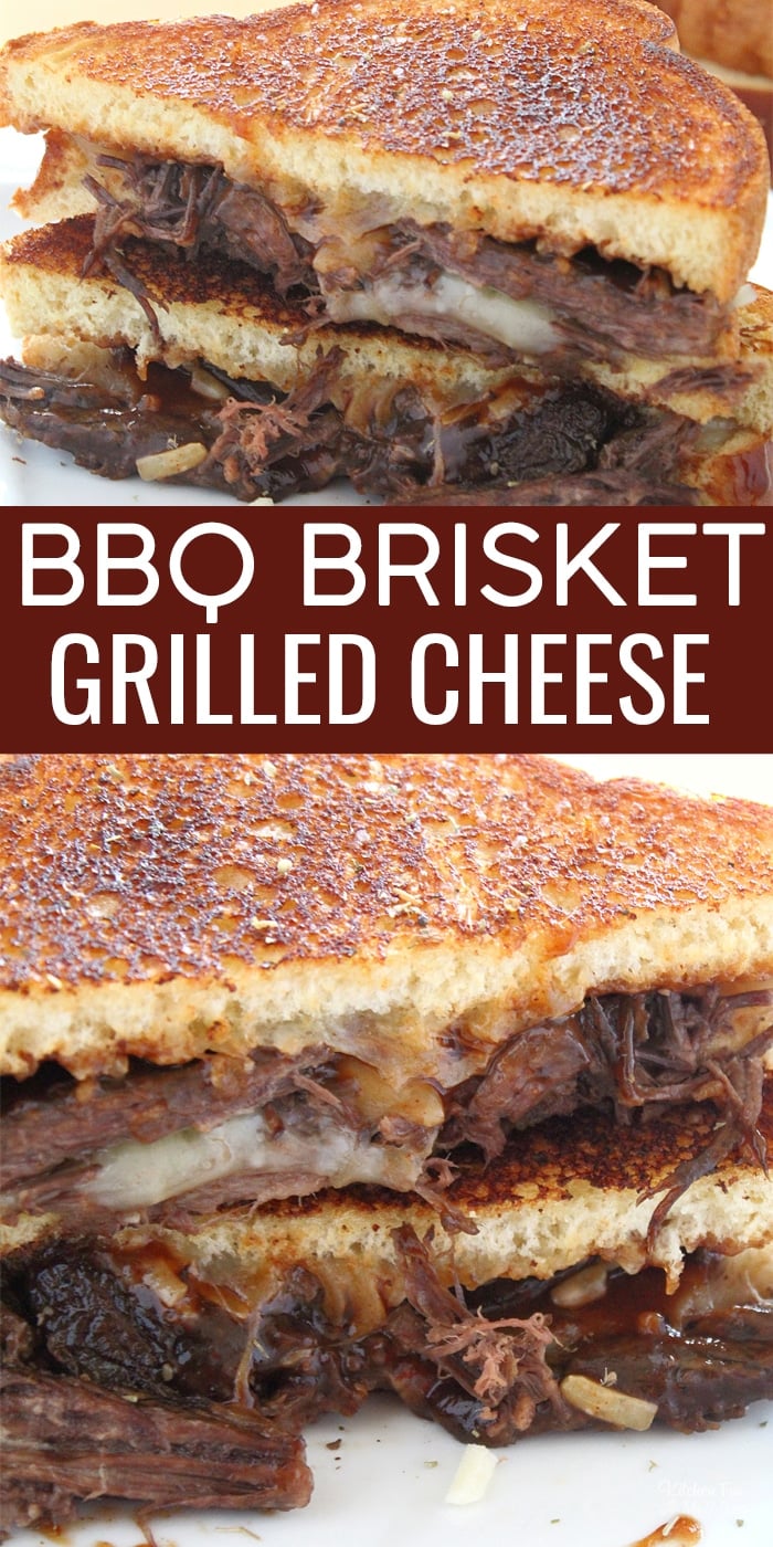 Brisket Grilled Cheese Sandwich is a quick and easy dinner recipe. With three cheeses, BBQ sauce and beef brisket, this is a total winner.