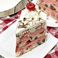 Cherry Garcia Cake is stacked with layers of vanilla cherry cake and homemade cherry icing. This cake looks like it came straight from a bakery!