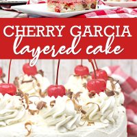 Cherry garcia cake with chocolate chips and maraschino cherries.