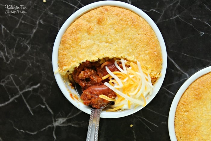 This Chili Pot Pie is served in an individual sized pot with a homemade cornbread crust. The perfect dinner idea for the family on a cold winter day.