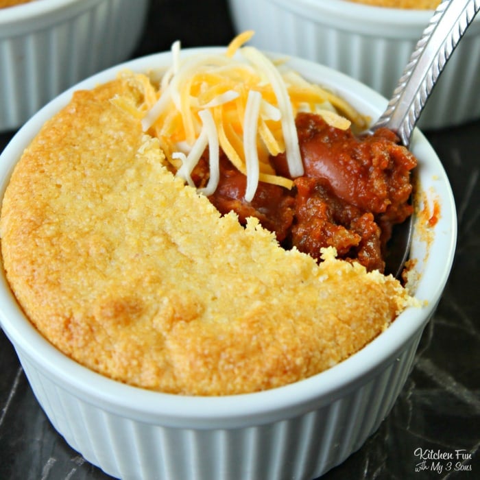 Chili Pot Pies is served in an individual sized pot with a homemade cornbread crust. The perfect dinner idea for the family on a cold winter day.