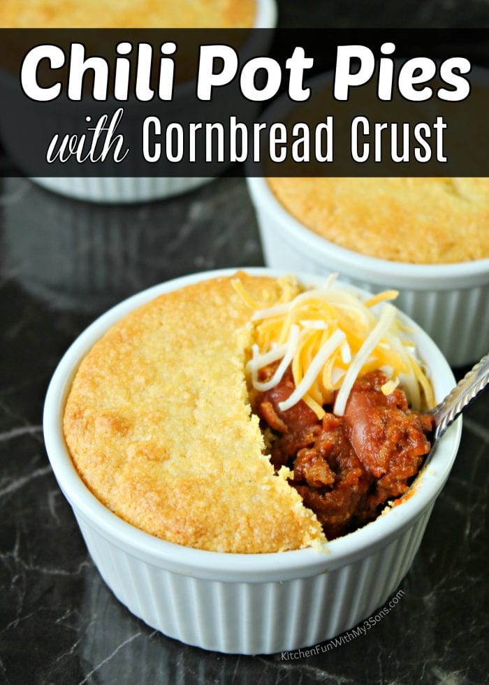 This Chili Pot Pie is served in an individual sized pot with a homemade cornbread crust. The perfect dinner idea for the family on a cold winter day.
