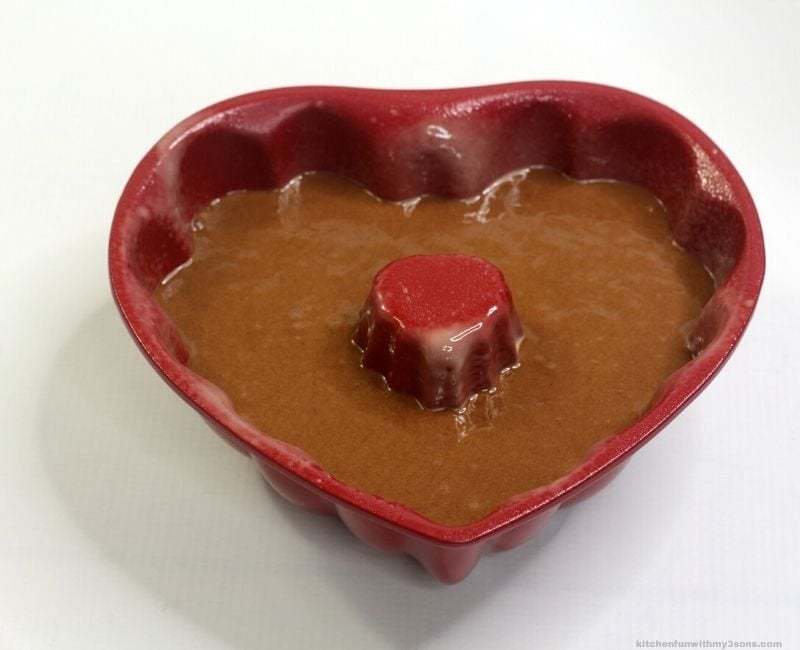 cake batter in heart shaped bundt pan